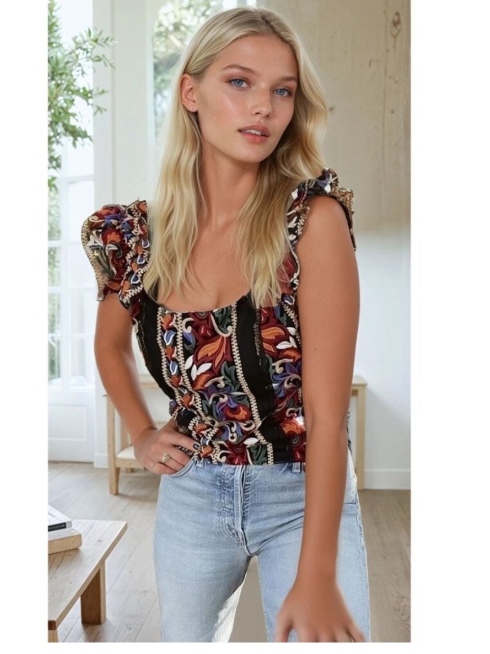 Eva Franco Black & Red Embroidered Ruffle-Shoulder Corset Tank